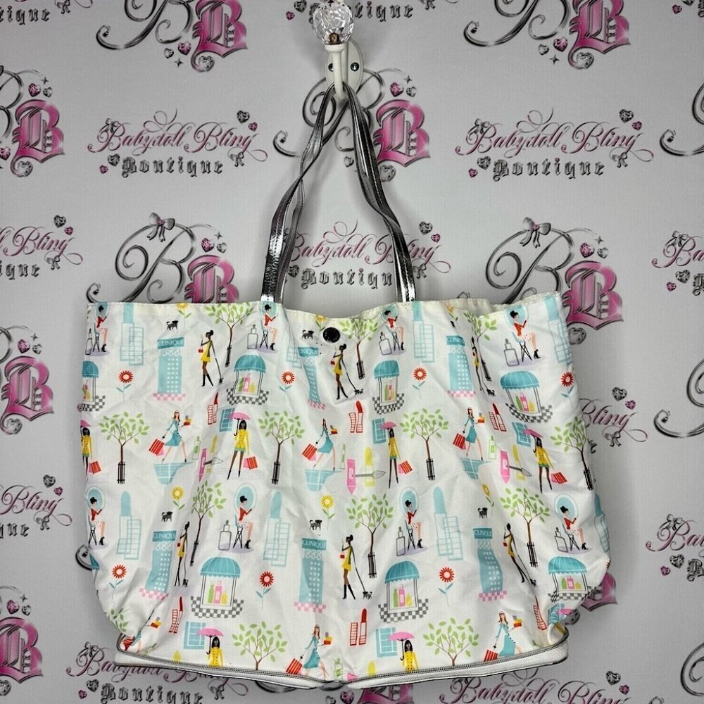 Clinique fold up bag tote silver Stylish Women's Tote Bag with Fashion Print